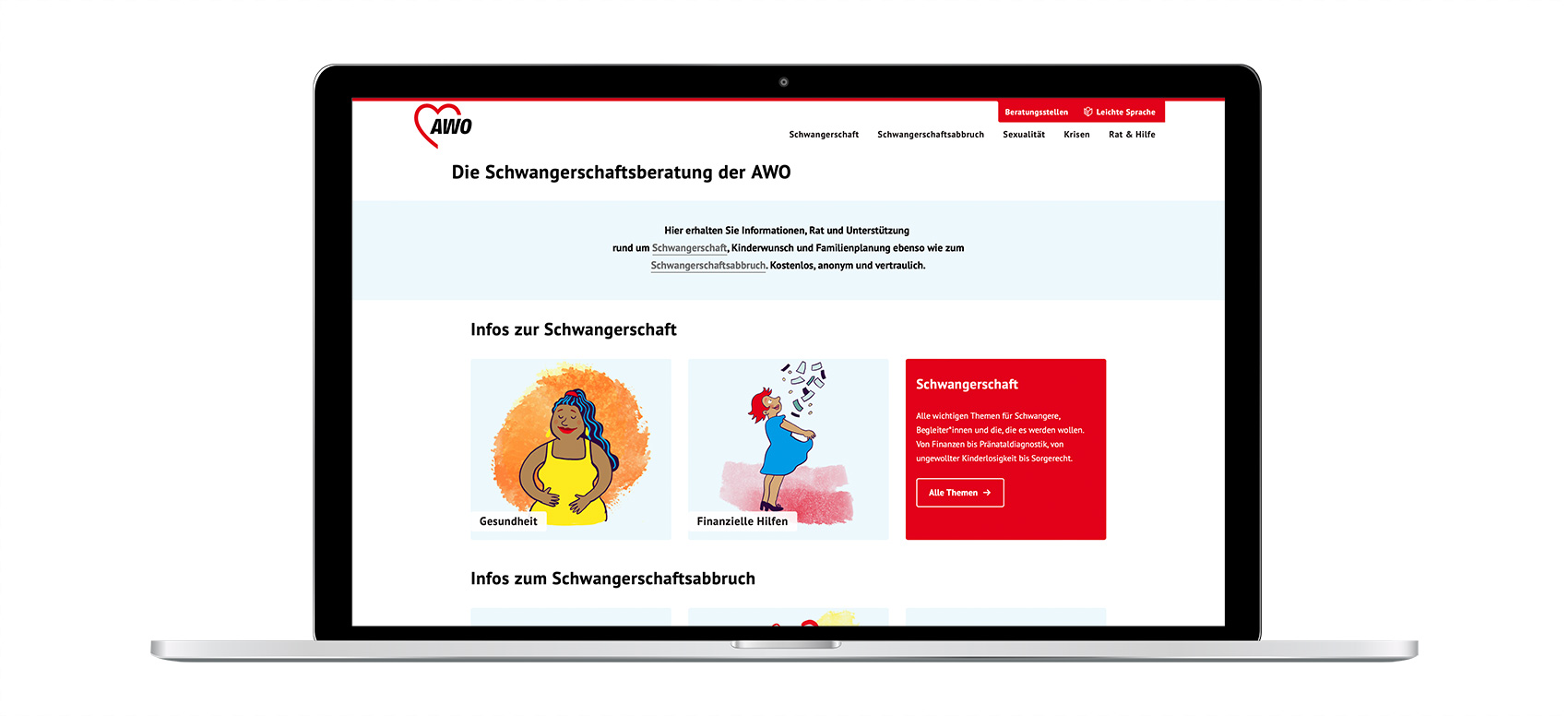 Darstellung der Webseite AWO Schwanger auf einem Laptop